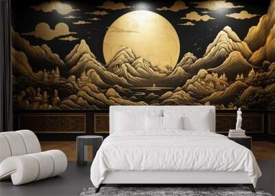 3D modern interior mural painting wall art decor wallpaper. The sky and a moon in a gold moon landscape mural. Generative Ai. Wall mural