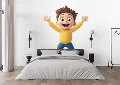 Cheerful cartoon boy jumping with joy and excitement in a bright yellow sweater and blue pants, expressing happiness and energy Wall mural