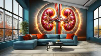 human kidneys with an intricate network of blood vessels, set against a glowing background that accentuates their complexity and vitality. 3d illustration. Wall mural