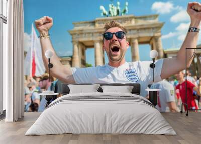 English football soccer fans in downtown Berlin at the Brandenburg gate celebrate the national team, Three Lions Wall mural