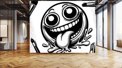 A crazy and funny smiley face in black and white, perfect for emotional expression illustrations, cartoons, humorous designs, and versatile creative projects Wall mural