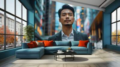 This vibrant lifestyle stock image captures a young Asian entrepreneur striding confidently through a lively urban thoroughfare, with towering skyscrapers towering in the backdrop. The bustling city s Wall mural