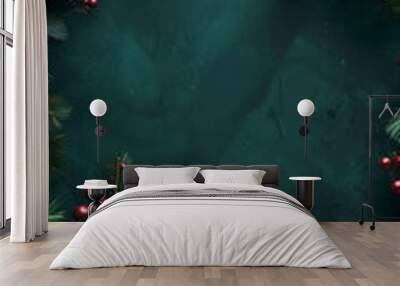 Festive Dark Green Background With Pine Branches And Red Berries Wall mural