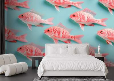 pattern of pink fish on blue background Wall mural