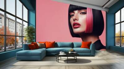 Stylish Woman with Pink Highlights Against a Pink Background. hairstyle concept Wall mural