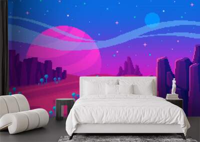 Pixel art background. Sharp stones and plants on alien planet. Wall mural