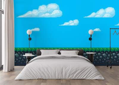 Pixel art seamless background with sky and ground. Wall mural