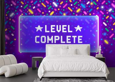 Web banner with phrase Level Complete. Sci-fi screen background with neon design Wall mural