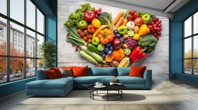 Fruits and vegetables arranged in a heart shape healthy food and nutrition concept isolated business concept Wall mural