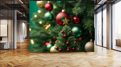 Elegant Christmas Decoration Ornaments, Close-Up Detailed Christmas Tree, on Blurred Plain Green Background with Bokeh, Super Resolution. Wall mural