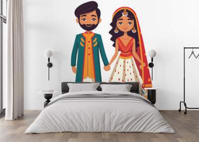 Bride and groom cute couple in traditional indian dress cartoon character vector illustration Wall mural