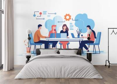 team meeting illustration, Diverse professionals collaborate in corporate office for effective teamwork and communication. Wall mural