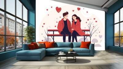 valentines day cute couple sitting on the bench and looking each other in love vector illustration Wall mural