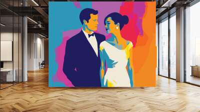 wedding couple pop art vector illustration, colorful art of a wedding couple Wall mural