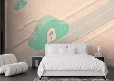 Cloud Security Concept with Lock Symbols. A 3D illustration of cloud icons with padlocks floating along a digital path, representing data security in cloud computing.
 Wall mural