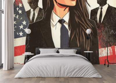 A stylized illustration of a young woman with tan skin and long brown hair in a black suit, standing resolutely in front of the American flag with two male silhouettes in the background. Wall mural