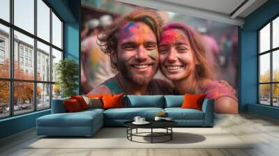 American couple at Holi festival in India Wall mural