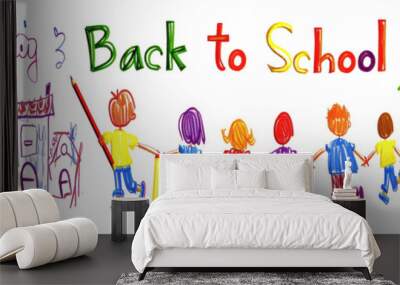 Back to school, kids in the village, hand drawn  Wall mural