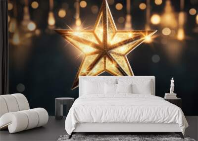 Christmas lighted string of stars near a background of bokeh lights. Wall mural