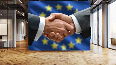 Diplomatic Handshake Against EU Flag. A professional photo capturing a handshake between two businessmen in front of a European Union flag.
 Wall mural