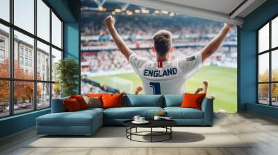 English football soccer fans in a stadium supporting the national team, view from behind, Three Lions
 Wall mural