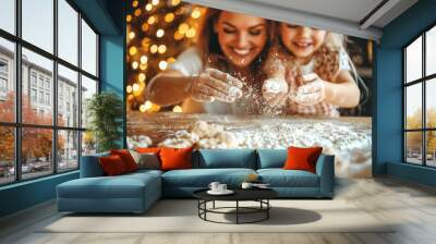 Flour Fun: Mother and Daughter’s Holiday Baking Adventure. A playful image capturing the joyful bond between mother and daughter as they bake holiday treats together in a festive kitchen.
 Wall mural