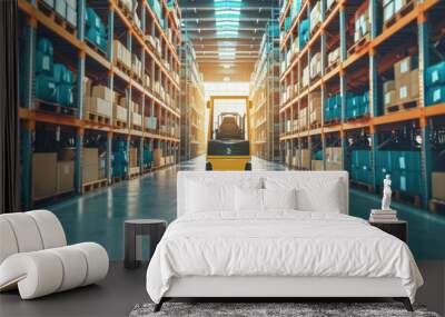 Forklift in warehouse. Cargo freight transportation and distribution warehouse. Wall mural