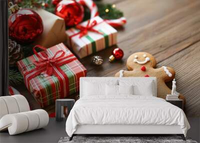 Gingerbread Man and Christmas Gifts. A delightful digital image of a gingerbread man surrounded by Christmas gifts and decorations on a wooden background.
 Wall mural