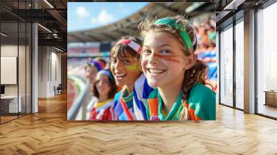 Group of happy children watching together a sports event in the stadium
 Wall mural