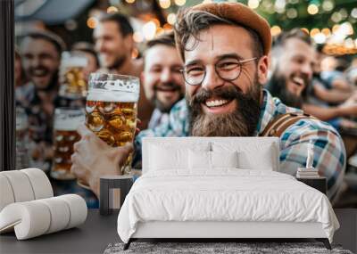 Group of happy friends drinking beer and having fun together at pub.
 Wall mural