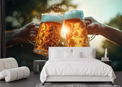 Oktoberfest Celebration: Clinking Beer Mugs in Sunset. An atmospheric shot of two people clinking beer mugs in a vibrant outdoor Oktoberfest celebration as the sun sets.
 Wall mural