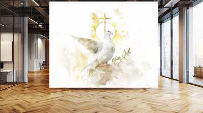 Pigeon with the cross and olive branch on a white background Wall mural