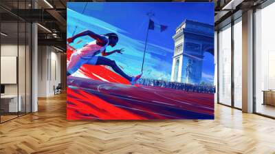 Runners in action on the track over blue, white and red background. Paris 2024. Sport illustration.
 Wall mural