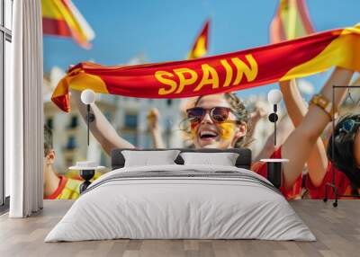 Spanish football soccer fans in downtown celebrate the national team, La Selección, La Furia Roja Wall mural