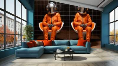 Two astronauts in orange suits in a bathroom. Wall mural