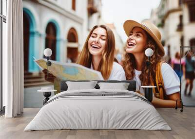 Two young tourist laughing and looking at map at travel tour. Wall mural