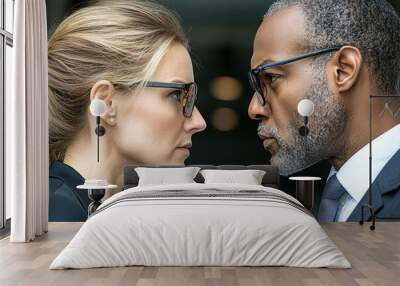 Unyielding Business Executives in a Heated Confrontation. A powerful image of a business conflict, featuring a blonde woman and a gray-haired African American man, both locked in a determined gaze.
 Wall mural