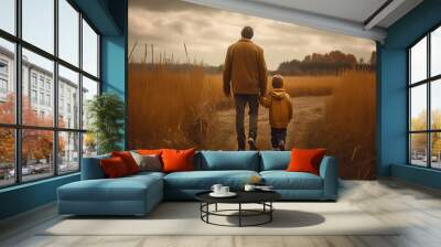 Father and son walking down a dirt road, fathers day background generated ai Wall mural