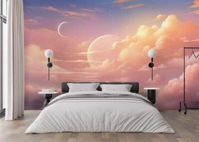 dreamy cloudscape with soft pastel colors and a crescent moon hd wallpaper Wall mural