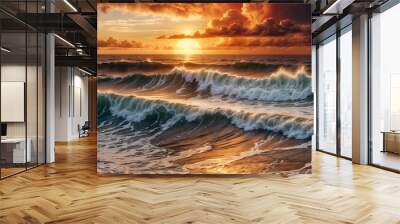 A picturesque beach scene with waves breaking on the shore at sunset against a backdrop of vibrant, dramatic clouds.  Wall mural