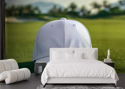 Blank white Golf hat mockup on a golf course  Wall mural