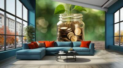 Plant growing out of jar containing various coins, symbolizing savings and financial growth,  save money and grow your wealth. Save for retirement. Generative ai.  Wall mural