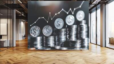 Stacks of Silver coins with an upward graph trend above them Wall mural