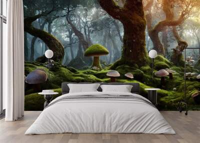 fantasy forest scene with mushrooms and mossy trees Wall mural