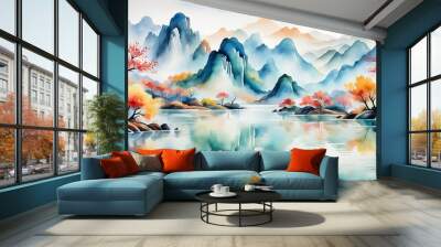 Soft pastel color watercolor abstract brush painting art of beautiful mountains, mountain peak minimalism landscape with golden lines, panorama banner illustration, white background Wall mural