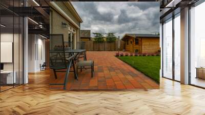 back garden with shed terrace and lawn Wall mural