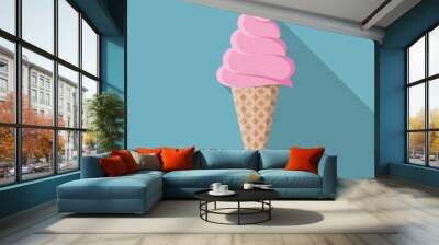 Pink ice cream in wafer cone sundae icon symbol flat design vector food Wall mural