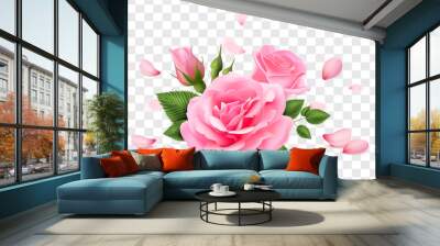 Pink red rose flower with leaves on transparent isolated background realistic vector Wall mural