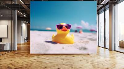 Rubber duck with pink sunglasses at the beach with blue sunny sky. Vacation concept. Generative AI Wall mural