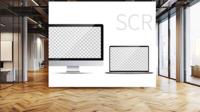 Screen device mockup. TV, PC, laptop, tablet, smartphone and smartwatch blank screens. Realistic media gadgets with transparent screen for presentation. Vector illustration Wall mural